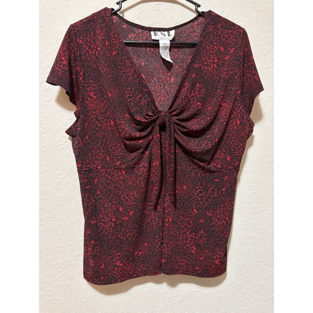 Plus Sz 16W Red Black Floral Blouse Tie Front VNeck Ruched Vintage Top Vamp Sexy